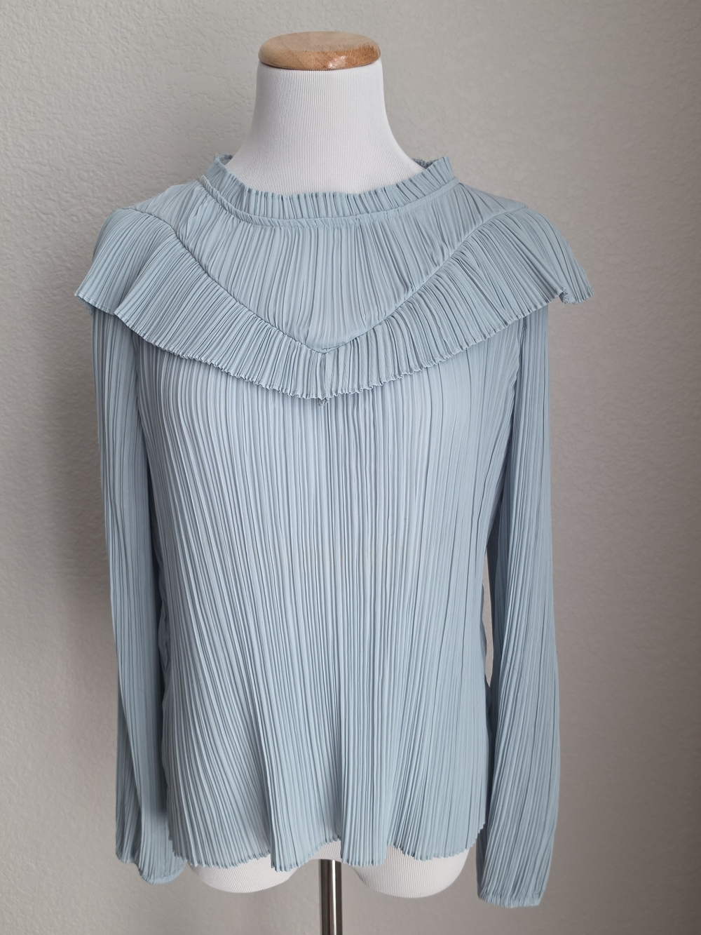 J. Crew Pale Blue Pleated Ruffle-Yoke Blouse